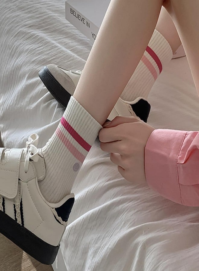 PLZSITDOWN Womens Solid Color Two Stripe Crew Socks Casual Athletic Smiling Face Ankle Socks for women Girls Pink - Image 3